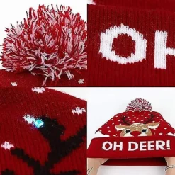 Varm LED Julmössa, Ljus Julmössa, Unisex Stickad Julmössa, Med Renmönster, Passar För Fester (röd)><noscript><img width=