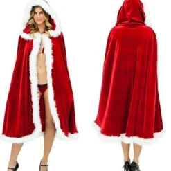 Velvet Hooded Cape Cloak Sexy Santa Cosplay Christmas Costumes 150cm><noscript><img width=