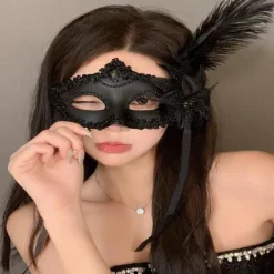 Venedig Vuxen Maskerad Prinsessa Mask Kvinnlig Halv Ansikte, Party Sexig Sida Blomma Strutsfjäder Mask><noscript><img width=