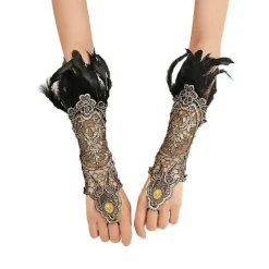 Vintage fjäder spets fingerlösa långa handskar stretch handledsmanschetter armband för bröllop Halloween fest> Tillbehör