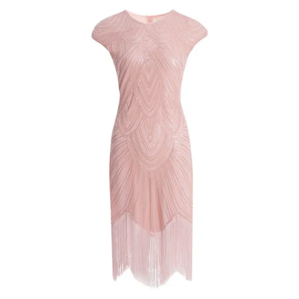 Vintage Flapperklänningar 1920-tal för Kvinnor Kristallpärlbroderad Fransklänning Great Gatsby Rosa Rosa Rosa M> Dräkter