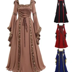 Vintage medeltida golvlängd cosplayklänning för kvinnor L> Dräkter