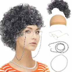 Vintage Mormorsdräktset med Klassisk Peruk, Glasögon och Pärltillbehör, Komplett 5-delars Kit för Temafester och Rollspel> Peruker