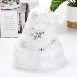 Vit Jultomtehatt för Vuxna, Plysch Julhatt för Kvinnor och Män, Varm och Tjock Tomtehatt med Paljetter Snöflinga> Huvudbonader