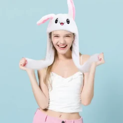 Vit kaninhatt med rörliga öron, hoppande hatt, broderad tecknad plysch><noscript><img width=