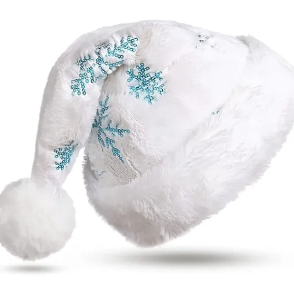 Vuxen vit tomteluva med julplyschhatt och blå snöflinga> Huvudbonader