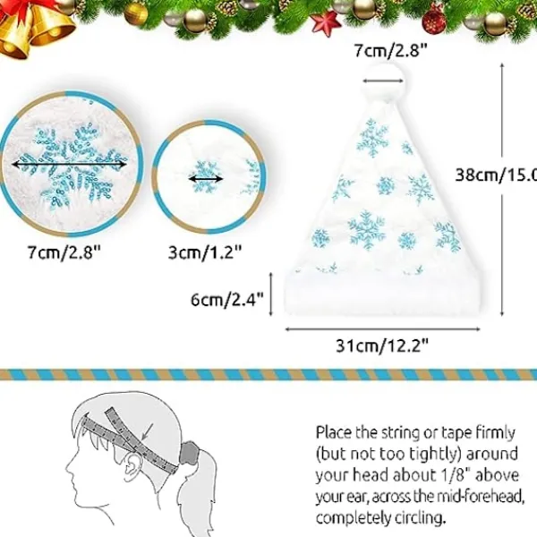 Vuxen vit tomteluva med julplyschhatt och blå snöflinga> Huvudbonader