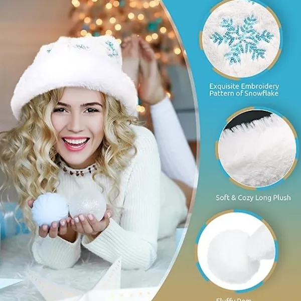 Vuxen vit tomteluva med julplyschhatt och blå snöflinga> Huvudbonader