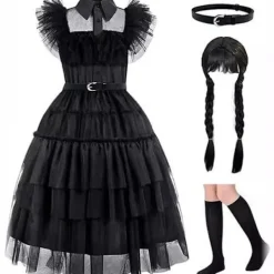 AIZHENCHEN Wednesday Addams 4-delad Cosplay-set för flickor med spets och puffärmar Wednesday 4 st{AZC} 110> Dräkter
