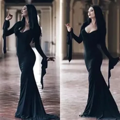 Wednesday Addams Kostym Morticia Maxiklänning Långärmad Herr Gomez Cosplay Endast Peruk One Size><noscript><img width=
