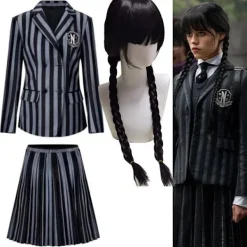 Wednesday Addams Kostym Nevermore Academy Barn Vuxen Uniform Klänning Kostym Cosplay Endast Peruk-FF- One Size> Peruker
