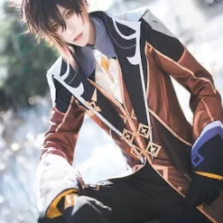 Zhongli Cosplay Genshin Impact Cosplay Kostym Spel Zhong Li Peruk Kostym Uniform Anime Kläder Män Halloween Party Kostym-Perfekt XL><noscript><img width=